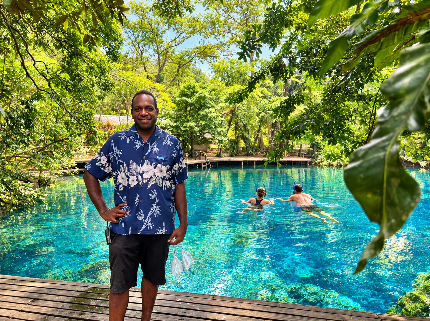 Exclusive Sunrise local team member hosting guests at a blue hole