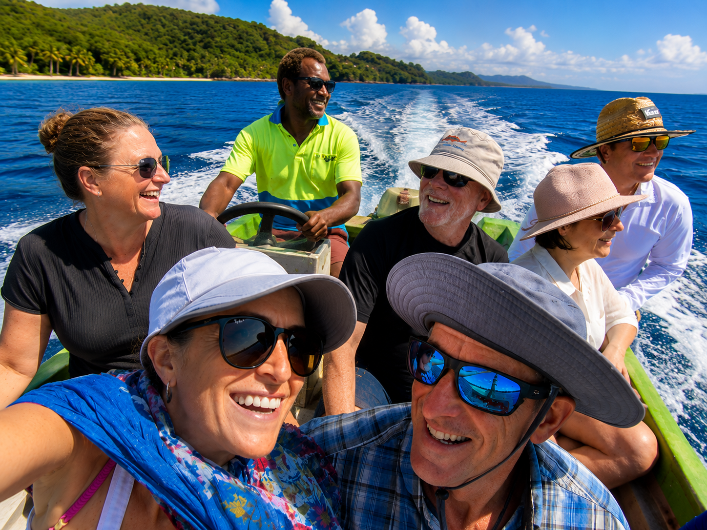 Guests travelling by local banana boat during an Exclusive Sunrise island tour