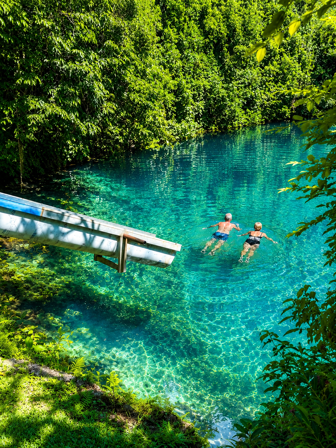 Guests swimming from the diving platform at a Santo blue hole