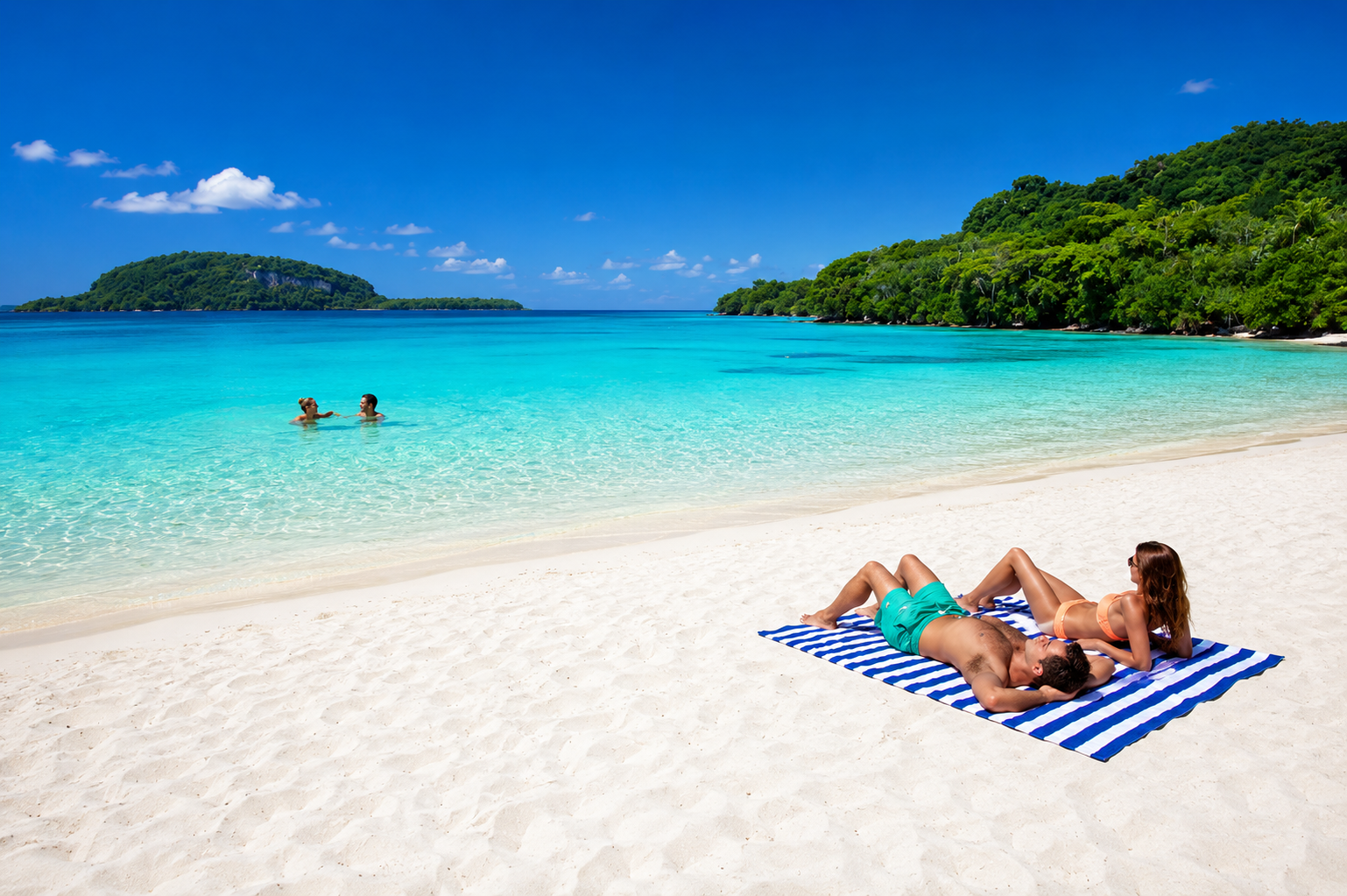 Couple relaxing together at Champagne Beach in Espiritu Santo