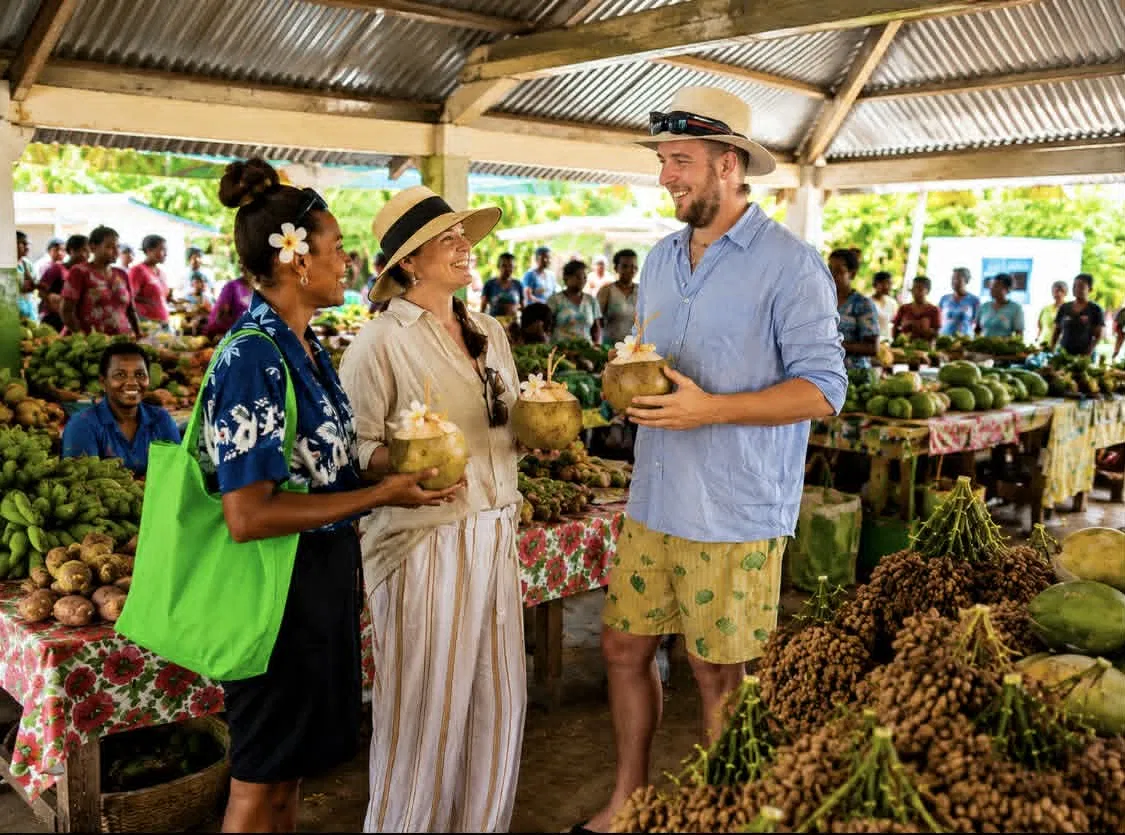 Exclusive Sunrise guests visiting Luganville local produce market
